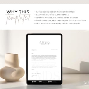 Pode incluir: Um tablet digital branco exibindo um modelo de cabe&ccedil;alho de carta com um design minimalista. O modelo apresenta um logotipo escrito &agrave; m&atilde;o, um nome de empresa e informa&ccedil;&otilde;es de contato. O texto "WHY THIS Template?" &eacute; exibido acima do tablet.