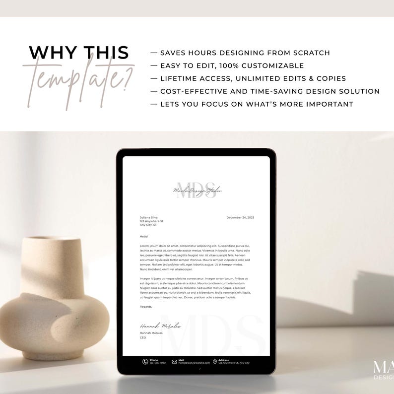 Pode incluir: Um tablet digital branco exibindo um modelo de cabe&ccedil;alho de carta com um design minimalista. O modelo apresenta um logotipo escrito &agrave; m&atilde;o, um nome de empresa e informa&ccedil;&otilde;es de contato. O texto "WHY THIS Template?" &eacute; exibido acima do tablet.