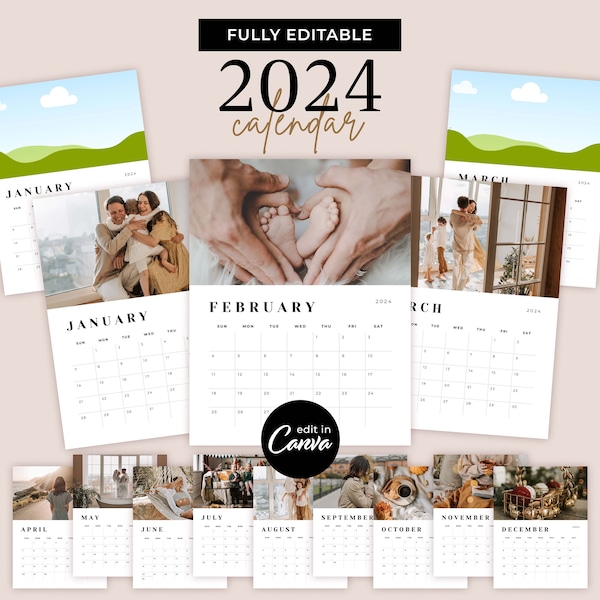 2024 Calendar Template with Photos - Easy To Edit Canva Templates - Personalizable DIY Make Your Own Family Photo Calendar Gift - MD0054