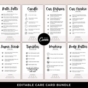 Pflegeanleitungskarten-Bundle - Einfach zu bearbeitende Canva-Vorlage - DIY 2x3,5-Kerzenbecher Badesalz Waschanleitung Printable - MD0048