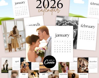 2026 Landscape Calendar Template with Photos, Easy To Edit Canva Templates, Personalizable Custom DIY Make Your Horizontal Calendar Gift