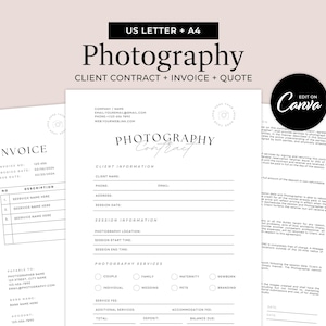 May include: A set of three printable photography templates in black and white. The templates include an invoice, a client contract, and a quote sheet. The text on the templates includes "Photography", "Invoice", and "Client Contract". The templates are designed for US Letter and A4 sizes.