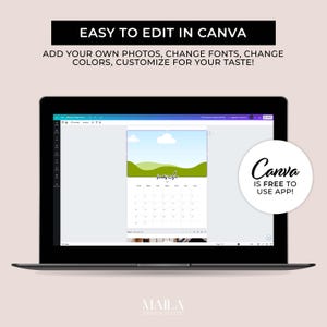 May include: A laptop displays a Canva design with a March calendar. The design features a landscape illustration with green hills and a blue sky. Text includes "Easy to Edit in Canva" and "Canva is free to use app!"