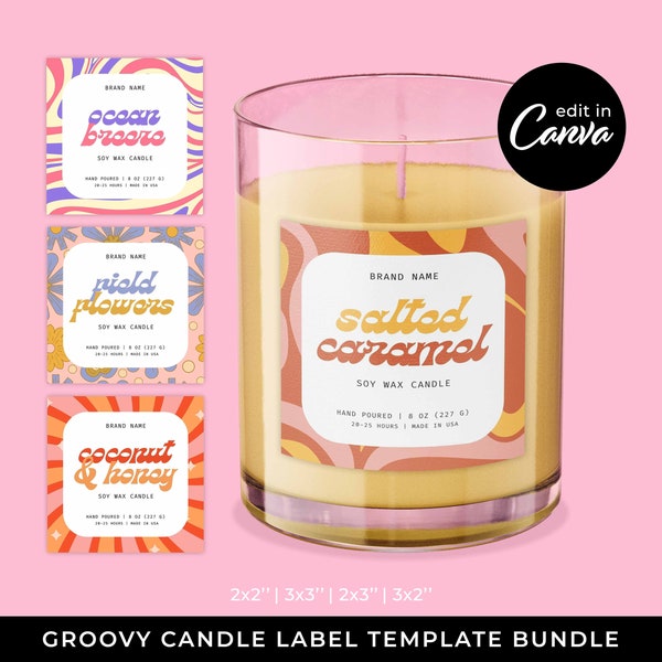 Groovy Candle Label Template Bundle - Easy To Edit Canva Template - Custom Branding Printable - Colorful Groovy Retro Pattern Candle Labels
