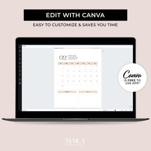 May include: A laptop displays a calendar template for February 2027, with a minimalist design in beige and white. The text "EDIT WITH CANVA" and "EASY TO CUSTOMIZE & SAVES YOU TIME" are at the top. A Canva logo is in the corner.