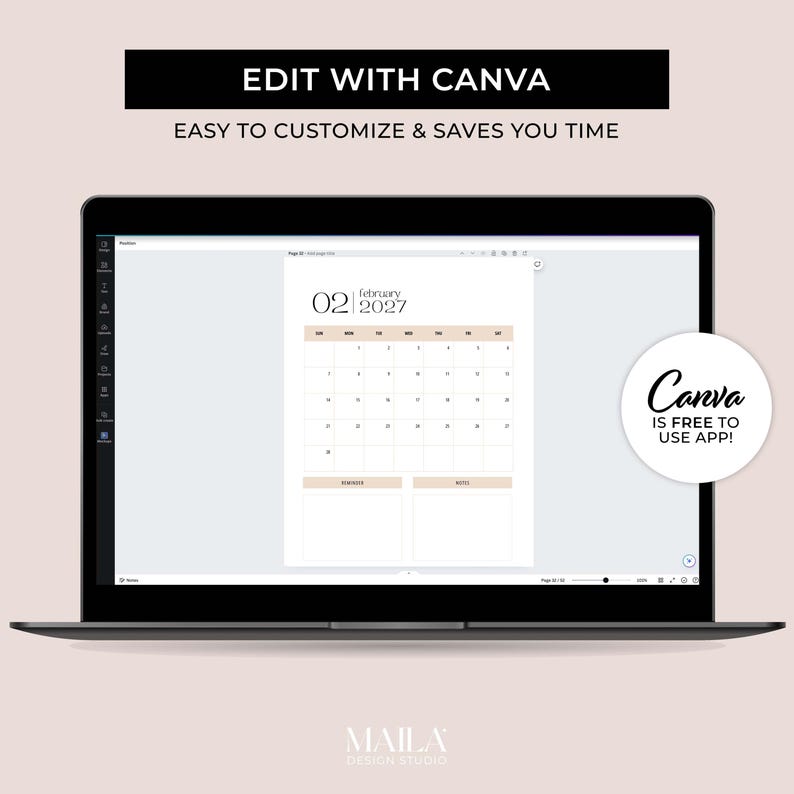 May include: A laptop displays a calendar template for February 2027, with a minimalist design in beige and white. The text "EDIT WITH CANVA" and "EASY TO CUSTOMIZE & SAVES YOU TIME" are at the top. A Canva logo is in the corner.