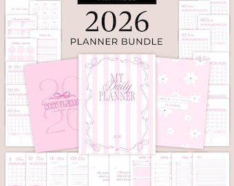2026 Coquette Pink Planner Sjabloon met Omslagen, Printbaar Digitaal PDF, A4, A5, 8,5x11, Meisjesachtige Esthetiek Dagelijkse Lifestyle Printbare Kalender