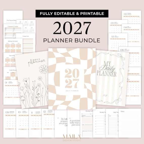 2027 Planner Template in Beige with Extra Covers, Editable Canva Template, Aesthetic Minimalistic Daily Lifestyle Printable Calendar, MD0147