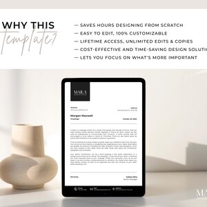 Puede incluir: Una plantilla digital para una carta formal con el texto "MAILA DESIGN STUDIO" en la parte superior y el texto "Morgan Maxwell" en el cuerpo de la carta. La plantilla se muestra en una tableta.