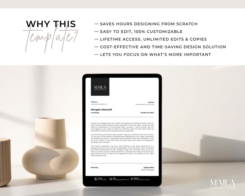Puede incluir: Una plantilla digital para una carta formal con el texto "MAILA DESIGN STUDIO" en la parte superior y el texto "Morgan Maxwell" en el cuerpo de la carta. La plantilla se muestra en una tableta.