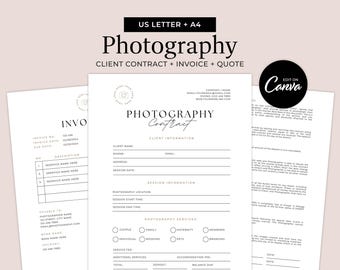 Contrato de Fotografia para Clientes - Formulário de Orçamento e Faturamento Pronto para Uso e Impressão - Modelo Editável do Canva - MD0021