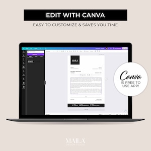 Pode incluir: Um ecr&atilde; de computador port&aacute;til a mostrar um modelo de curr&iacute;culo Canva. O modelo &eacute; de estilo moderno e minimalista, com um esquema de cores preto e branco. O texto "MAILA DESIGN STUDIO" &eacute; vis&iacute;vel na parte inferior do ecr&atilde;. O texto "Canva IS FREE TO USE APP!" est&aacute; num c&iacute;rculo no lado direito do ecr&atilde;.