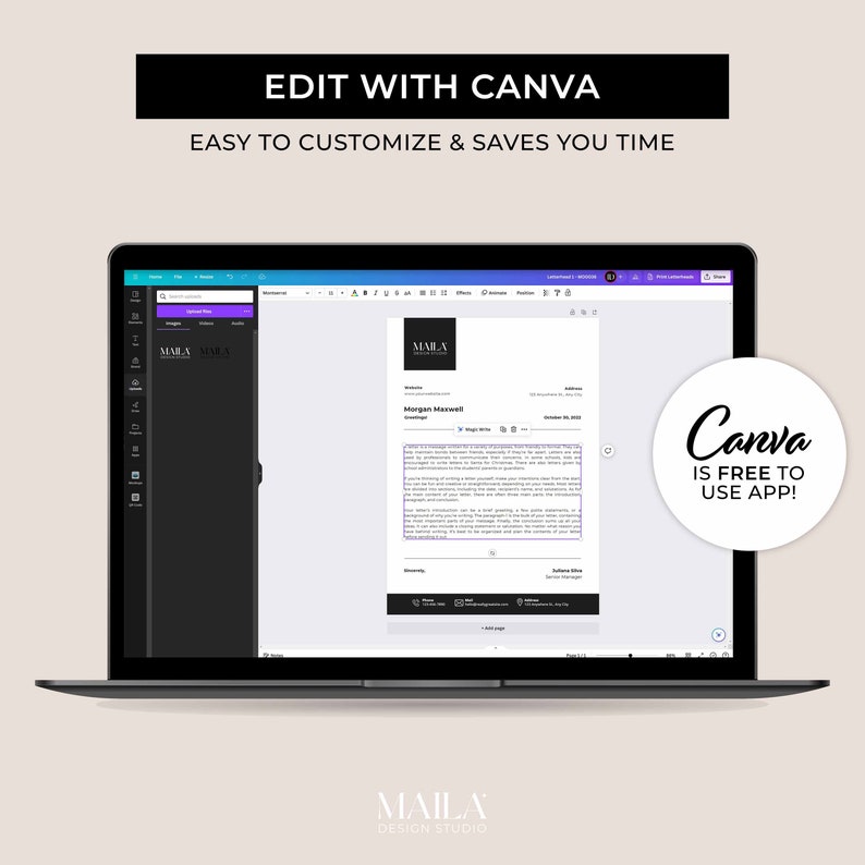 Pode incluir: Um ecr&atilde; de computador port&aacute;til a mostrar um modelo de curr&iacute;culo Canva. O modelo &eacute; de estilo moderno e minimalista, com um esquema de cores preto e branco. O texto "MAILA DESIGN STUDIO" &eacute; vis&iacute;vel na parte inferior do ecr&atilde;. O texto "Canva IS FREE TO USE APP!" est&aacute; num c&iacute;rculo no lado direito do ecr&atilde;.