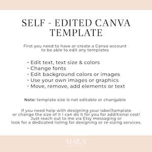 Pode incluir: Um guia de design de modelo Canva com instru&ccedil;&otilde;es sobre como editar texto, alterar fontes, editar cores ou imagens de fundo, usar suas pr&oacute;prias imagens ou gr&aacute;ficos e mover, remover, adicionar elementos ou texto. O texto tamb&eacute;m indica que o tamanho do modelo n&atilde;o &eacute; edit&aacute;vel ou modific&aacute;vel. O texto tamb&eacute;m indica que se voc&ecirc; precisar de ajuda para projetar seu r&oacute;tulo/modelo ou alterar seu tamanho, pode entrar em contato com o vendedor por meio das mensagens do Etsy ou procurar uma lista dedicada para projetar ou redimensionar servi&ccedil;os.