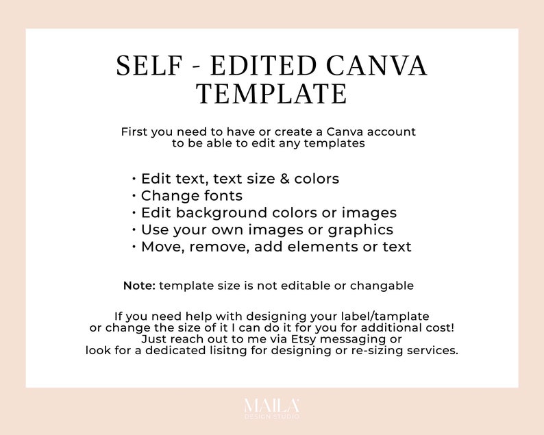 Pode incluir: Um guia de design de modelo Canva com instru&ccedil;&otilde;es sobre como editar texto, alterar fontes, editar cores ou imagens de fundo, usar suas pr&oacute;prias imagens ou gr&aacute;ficos e mover, remover, adicionar elementos ou texto. O texto tamb&eacute;m indica que o tamanho do modelo n&atilde;o &eacute; edit&aacute;vel ou modific&aacute;vel. O texto tamb&eacute;m indica que se voc&ecirc; precisar de ajuda para projetar seu r&oacute;tulo/modelo ou alterar seu tamanho, pode entrar em contato com o vendedor por meio das mensagens do Etsy ou procurar uma lista dedicada para projetar ou redimensionar servi&ccedil;os.