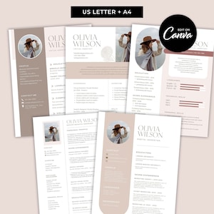 May include: A beige and brown resume template with a photo of a woman wearing a hat and scarf. The resume includes sections for profile, education, experience, languages, technical skills, and personal skills. The text "Edit on Canva" is in the upper right corner of the page.