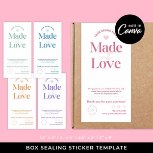 以下が含まれることがあります： ピンク、白、青の色合いで「Made with Love」というテキストが書かれた、6つの箱の封印ステッカーのセットです。ステッカーは、1.5インチ×3インチ、2インチ×4インチ、2.5インチ×5インチ、3インチ×6インチの6つの異なるサイズでご利用いただけます。ステッカーは、パッケージにパーソナルなタッチを加えるのに最適です。
