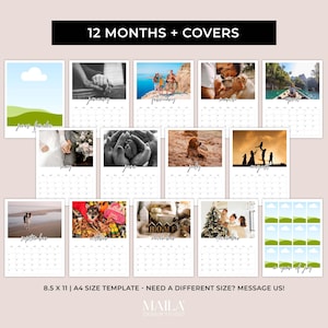May include: A calendar template with 12 months and covers, featuring various photos. The calendar includes images of a family, a dog, and a couple. The text "12 MONTHS + COVERS" is at the top. The template size is 8.5 x 11 inches.