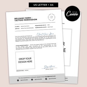 Op de afbeelding: Een zwart-wit printbaar tattoo-vrijgaveformulier met de tekst "Release Form - Tattoo Permission" bovenaan. Het formulier bevat velden voor de naam van de klant, de naam van de artiest, het toestemmingsnummer, de toestemmingsdatum en een handtekeningsregel. Het formulier bevat ook een sectie waar de klant zijn ontwerp kan plaatsen en een sectie waar de artiest kan tekenen.
