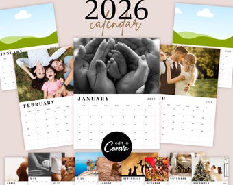 2026 Calendar Template with Photos, Easy To Edit Canva Templates, Personalizable Custom DIY Make Your Family Photo Calendar Christmas Gift