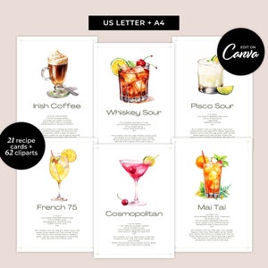 Cartes de recettes de cocktails - modèles Canva faciles à modifier - cartes de boissons imprimables modifiables pour mariages, menu de bar bricolage avec clipart - MD0085