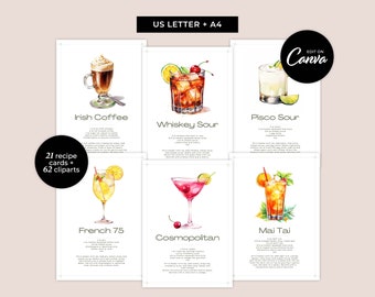 Cocktail Recipe Cards - Easy To Edit Canva Templates - Editable Printable Drink Cards for Weddings Party DIY Bar Menu with Clipart - MD0085