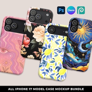 May include: Four iPhone 17 model phone cases with unique designs. One case features a floral pattern, another has a lemon and leaf design, a third has a celestial design, and the last has an eye and wave design. The cases are in a mockup bundle.