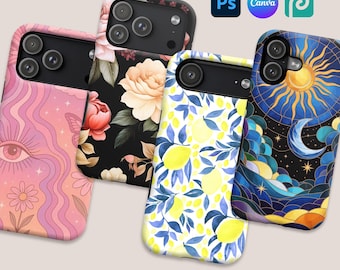 May include: Four iPhone 17 model phone cases with unique designs. One case features a floral pattern, another has a lemon and leaf design, a third has a celestial design, and the last has an eye and wave design. The cases are in a mockup bundle.