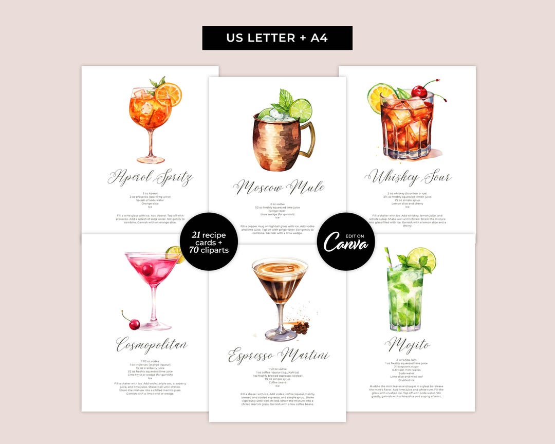 Cocktail Recipe Cards - Easy to Edit Canva Templates - Editable ...