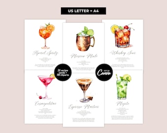 Cocktailreceptkaarten - gemakkelijk te bewerken canva-sjablonen - bewerkbare afdrukbare drankkaarten voor bruiloftsfeest DIY-menu met clipart - MD0025