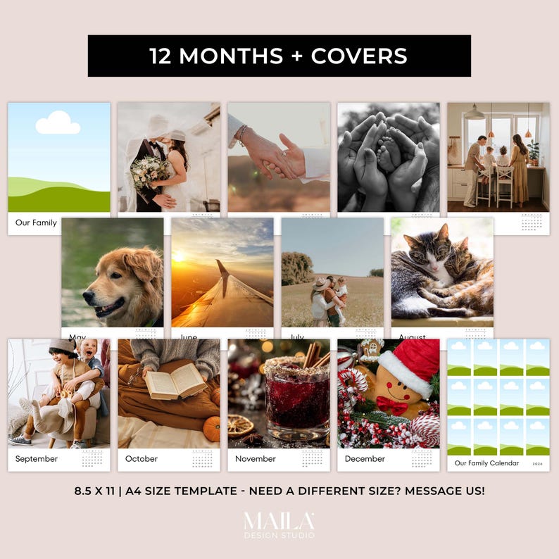 May include: A family calendar template with 12 months and covers, featuring a variety of images. The calendar includes family photos, pets, and seasonal scenes. The text "12 MONTHS + COVERS" is at the top, and "Our Family Calendar" is at the bottom.