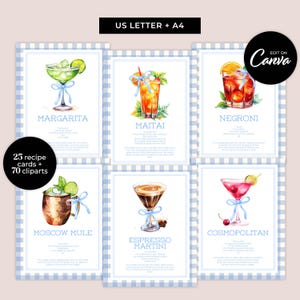 Schede di ricette per cocktail, modelli Canva facili da modificare, biglietti da cocktail stampabili con motivo a quadretti e civetteria femminile per matrimoni, menu fai da te con clipart