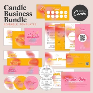 Candle Business Bundle - Editable Canva Candle Brand Template - Custom Candle Labels Care Scent Thank You Loyalty Scan to Pay Forms Trackers