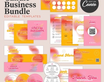 May include: A set of editable templates for a candle business. The templates include labels, packaging, social media graphics, and thank you cards. The design features a pink and orange gradient with a retro-inspired font.