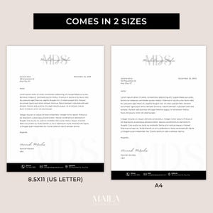 Pode incluir: Dois modelos de cabe&ccedil;alho de carta, um no tamanho Carta dos EUA e outro no tamanho A4. Ambos os modelos apresentam um design minimalista com um logotipo branco e texto preto. O texto inclui o nome da empresa "MDS", o slogan da empresa "Marketing Design Studio", a data "24 de dezembro de 2023", o nome do remetente "Juliana Silva", o endere&ccedil;o do remetente "123 Anywhere St, Any City, ST", o nome do destinat&aacute;rio "Hannah Morales", o cargo do destinat&aacute;rio "CEO" e as informa&ccedil;&otilde;es de contato da empresa.