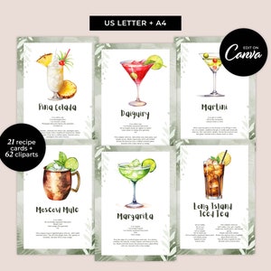 Cocktailreceptkaarten, eenvoudig te bewerken canvassjablonen, afdrukbare drankkaarten tropisch palmstrand voor bruiloftsfeest DIY-menu met clipart