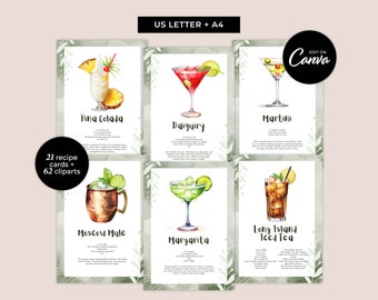 Cocktail Recipe Cards, Easy To Edit Canva Templates, Tropical Palm Beach Printable Drink Cards for Weddings Party DIY Menu with Clipart