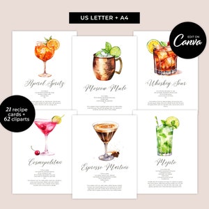 Cocktail-Rezeptkarten - Einfach zu bearbeiten Canva-Vorlagen - Bearbeitbare druckbare Getränkekarten für Hochzeiten Party DIY-Menü mit Clipart - MD0025