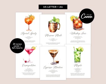 Cocktail Receptkaarten - Gemakkelijk te bewerken Canva-sjablonen - Bewerkbare afdrukbare drankkaarten voor bruiloften Feest DIY-menu met clipart - MD0025