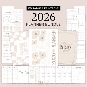 Puede incluir: Un conjunto de páginas de planificador 2026 imprimibles en beige y blanco. El paquete incluye diseños diarios, semanales y mensuales, con diseños florales y geométricos. El texto "2026 Planner Bundle" se muestra de forma destacada.
