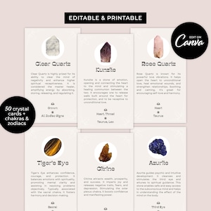 50 Crystal Cards - Easy To Edit Canva Templates - Printable Gemstone Meaning Information Chakra and Zodiac Cards with Images - MD0122