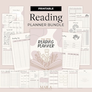 Puede incluir: Paquete de planificadores de lectura imprimibles con un diseño floral. El paquete incluye un calendario 2024, un registro de lectura, una lista de deseos de libros, objetivos de lectura anuales, lectura actual, libros leídos, desafíos de lectura mensuales, desafío de 10 libros, mi color de lectura, notas y una página para colorear.