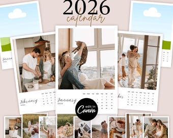 2026 Calendar Template with Photos, Easy To Edit Canva Templates, Personalizable Custom DIY Make Your Family Photo Calendar Christmas Gift