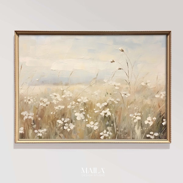 Printable Wildflower Field Oil Painting, Rustic French Countryside Beige Aesthetic Art Decor, Vintage Oil Painting Printable Wall Art