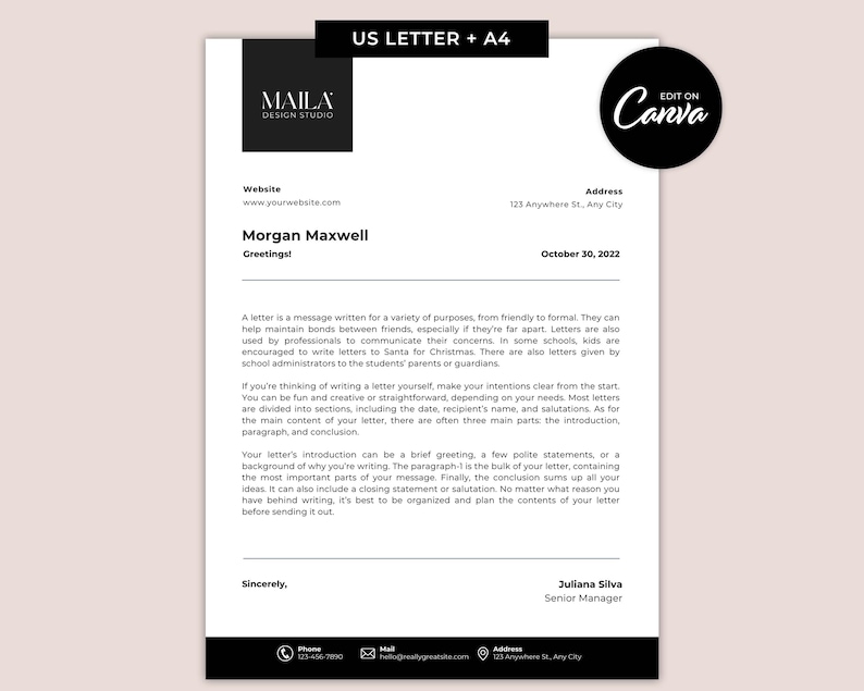 Puede incluir: Una plantilla de carta en blanco y negro con el t&iacute;tulo "MAILA DESIGN STUDIO" en la parte superior. La plantilla incluye una direcci&oacute;n de sitio web, un nombre, un saludo y una secci&oacute;n sobre c&oacute;mo escribir cartas. El texto incluye la fecha "30 de octubre de 2022" y el nombre "Juliana Silva, Senior Manager".