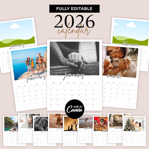 2026 Calendar Template with Photos, Easy To Edit Canva Templates, Personalizable Custom DIY Make Your Family Photo Calendar Christmas Gift