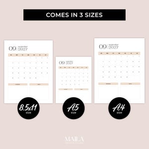 May include: Three minimalist September 2027 calendar designs in different sizes: 8.5x11, A5, and A4. Each calendar features a neutral color palette with a beige header and footer, and a simple layout. The text "COMES IN 3 SIZES" is at the top.