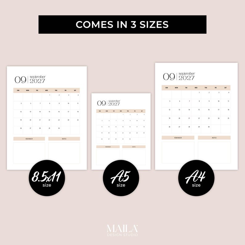 May include: Three minimalist September 2027 calendar designs in different sizes: 8.5x11, A5, and A4. Each calendar features a neutral color palette with a beige header and footer, and a simple layout. The text "COMES IN 3 SIZES" is at the top.