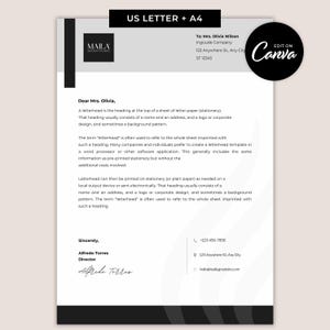 May include: A letterhead template with the text "US LETTER + A4" at the top. The letterhead includes a logo, contact information, and the text "Dear Mrs. Olivia." The design is primarily white with black accents and a Canva edit button.