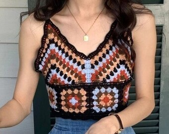 Boho Top, Bohemian Crop Top, Top Outfit, Crochet Top, Vintage Top, Knit Top, Colorblock Top, Beach Top, Women Top, Cotton Top, Gift For Her